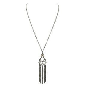 Vintage Silver Tassel Necklace with White Beads and Long Chain
